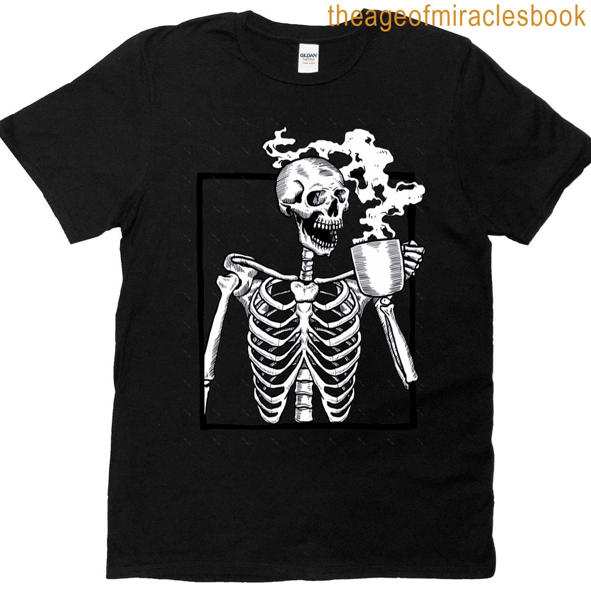 Halloween Skeleton Drinking Coffee Funny Oversized T-shirt
