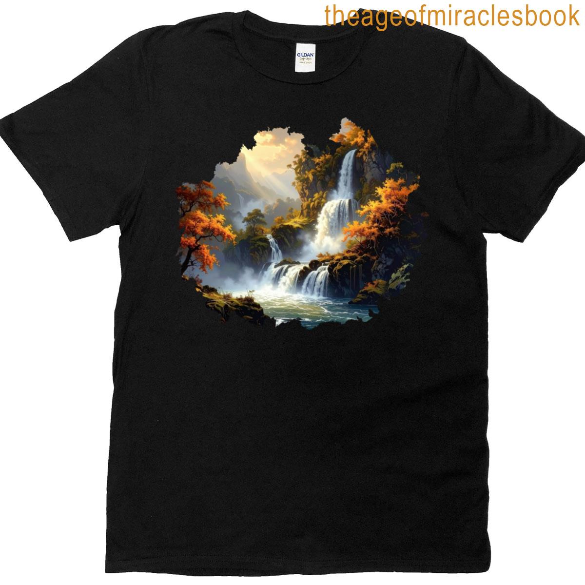 Tranquil Waters Beneath Golden Peaks T-shirt