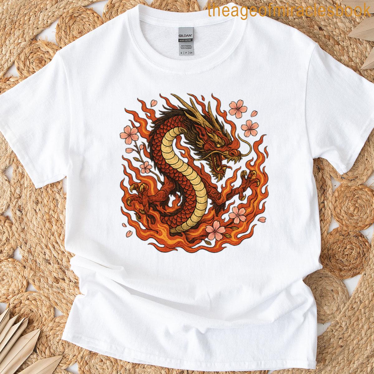 Flame-wrapped Dragon With Cherry Blossoms Oversized T-shirt