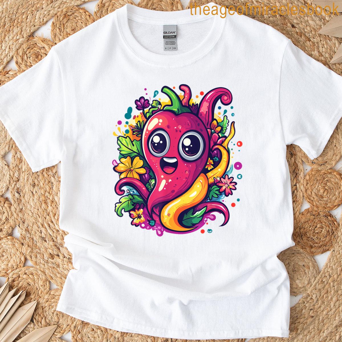 Cute Chili Cartoon Surrounded By Flowers T-shirt