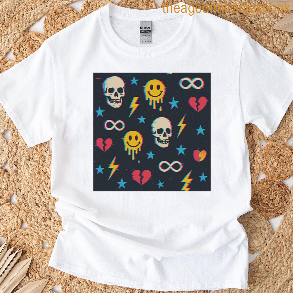 Glitchcore Skulls And Smiley Faces Seamless Pattern Premium T-shirt