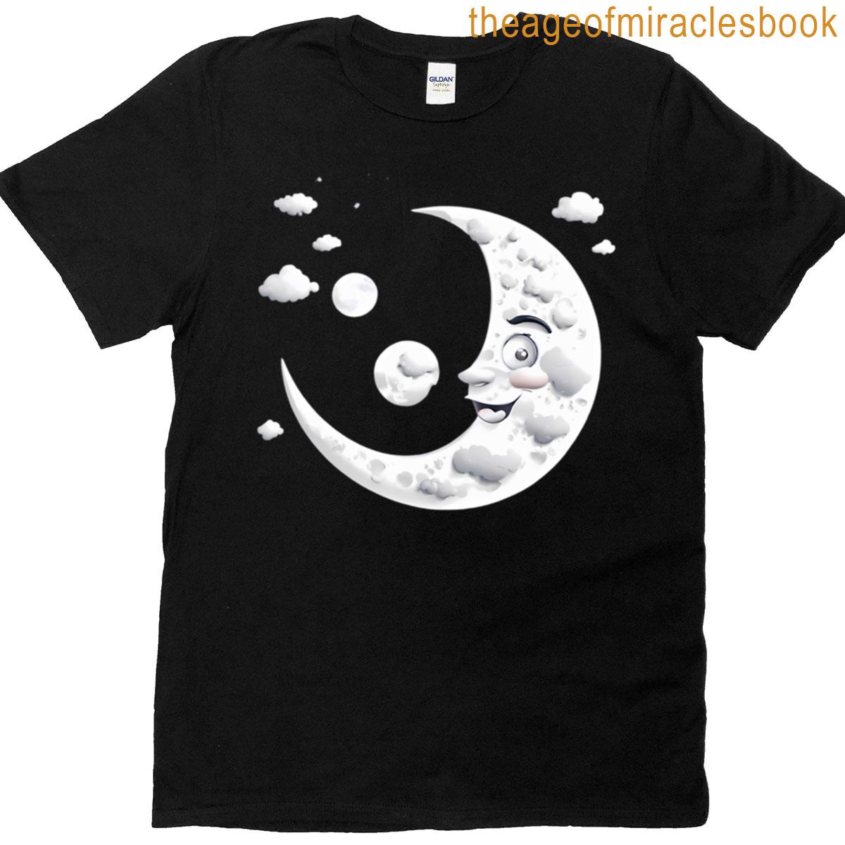 Whimsical Crescent Moon Face With Clouds T-shirt