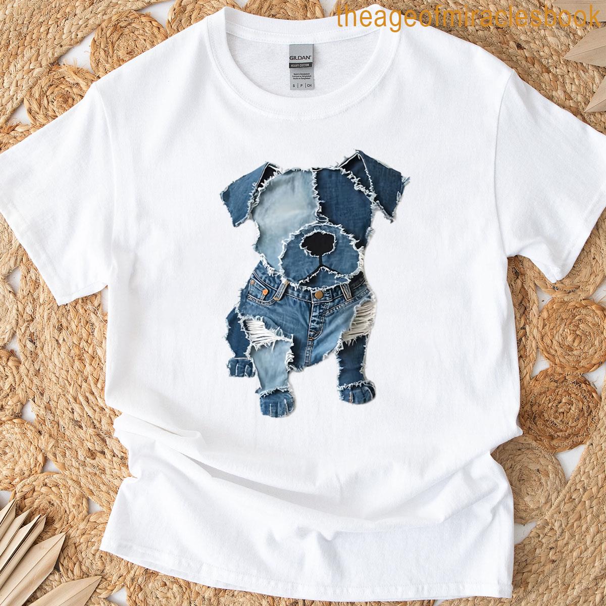 Dog Pattern Denim Patchwork Art T-shirt