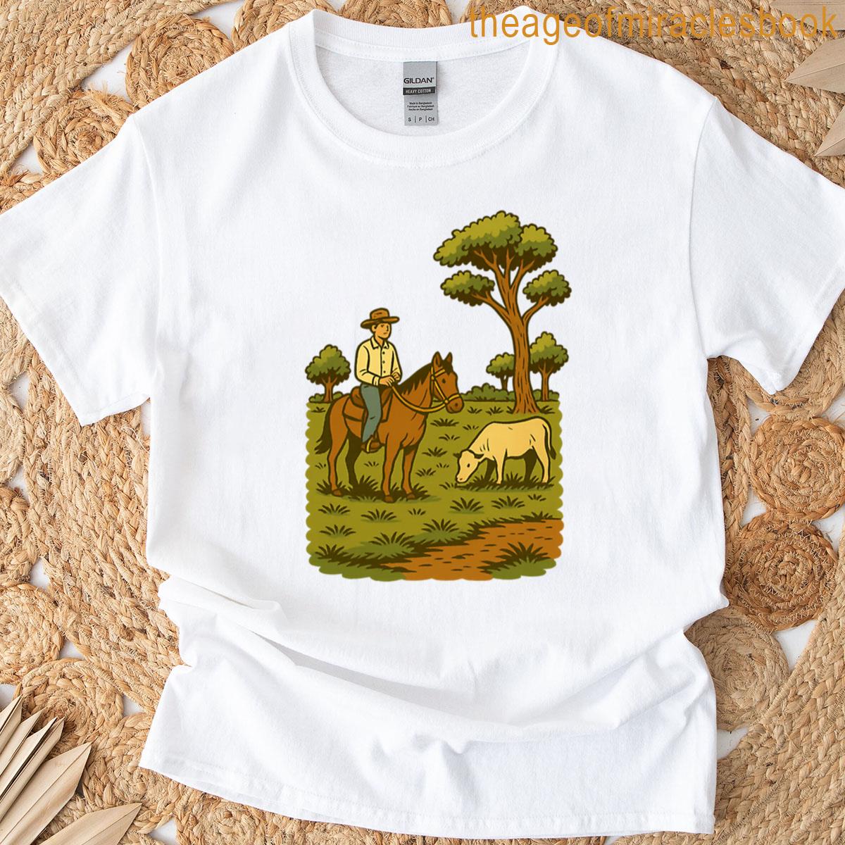 Cowboy Sunset Illustrated Ranch Scene T-shirt