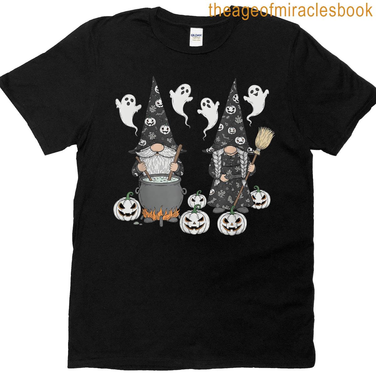 Funny Gnome Halloween With Pumpkin Ghost Leopard Design T-shirt