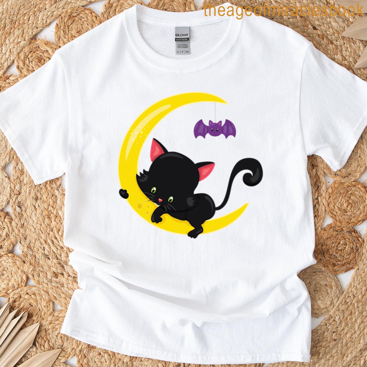 Black Kitten On The Moon With Bat T-shirt