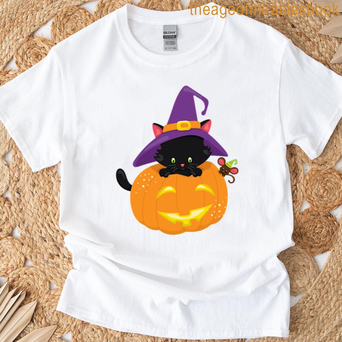 Witch Kitten In Halloween Pumpkin T-shirt