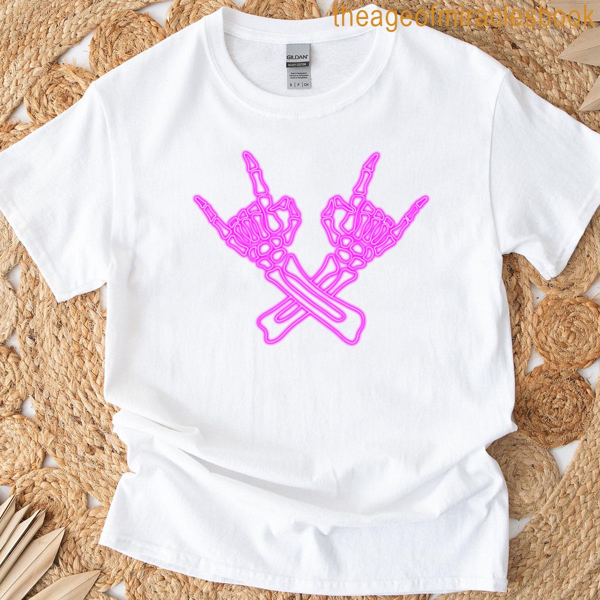 Neon Pink Skeleton Hands Devil Horns T-shirt