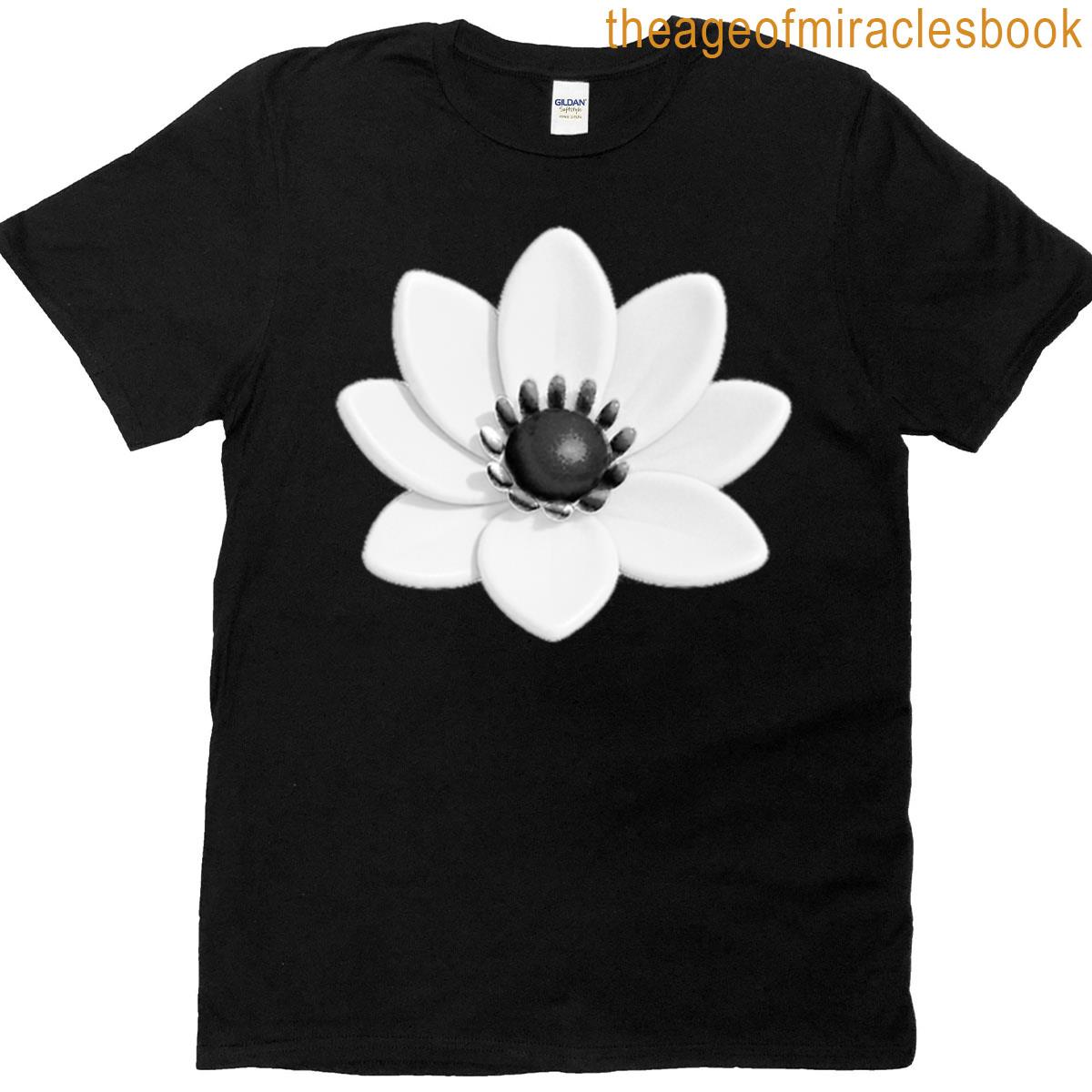 White Lotus 3d Flower Trendy Pattern Black Background T-shirt