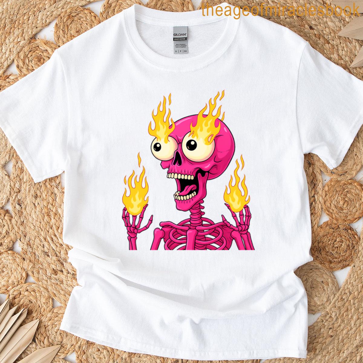Flaming Pink Skeleton Fire Eyes Hands T-shirt