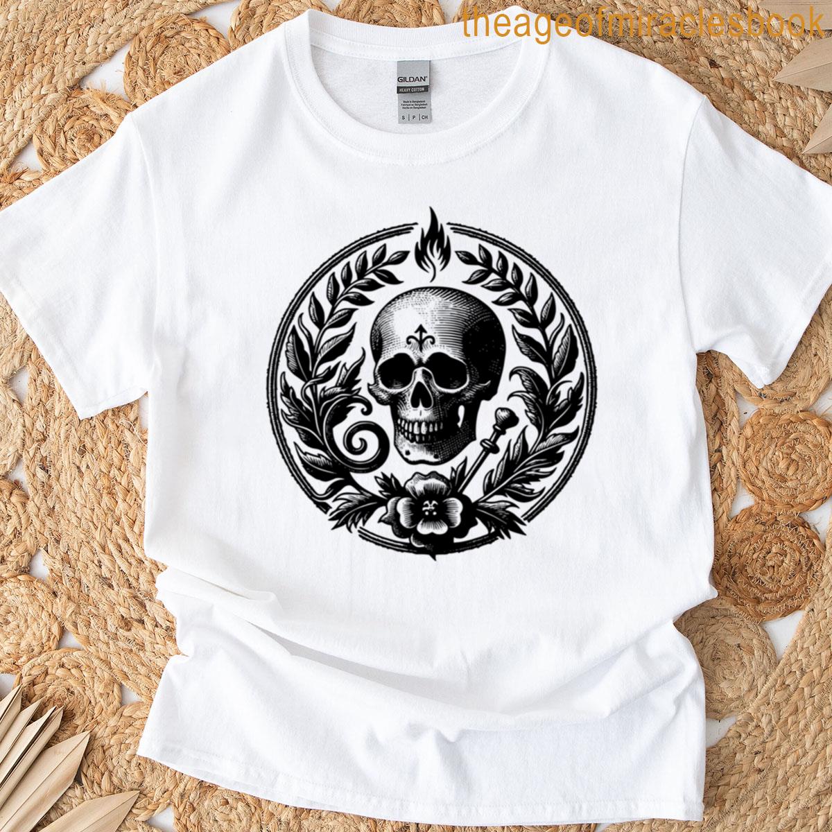 Gothic Skull Emblem With Flame And Botanicals T-shirt