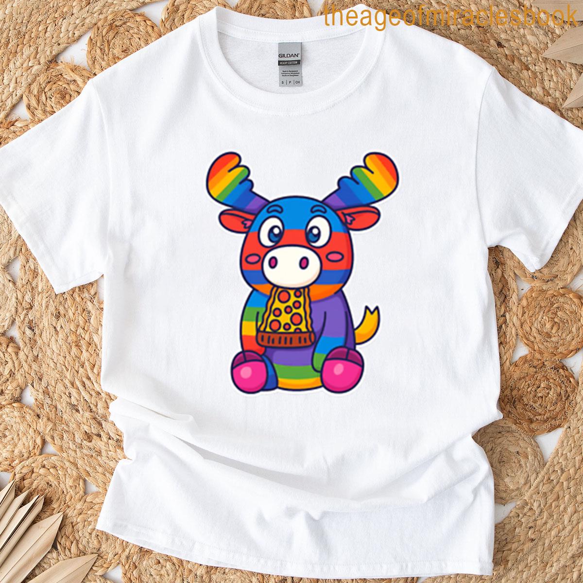 Rainbow Moose Eating Pizza T-shirt