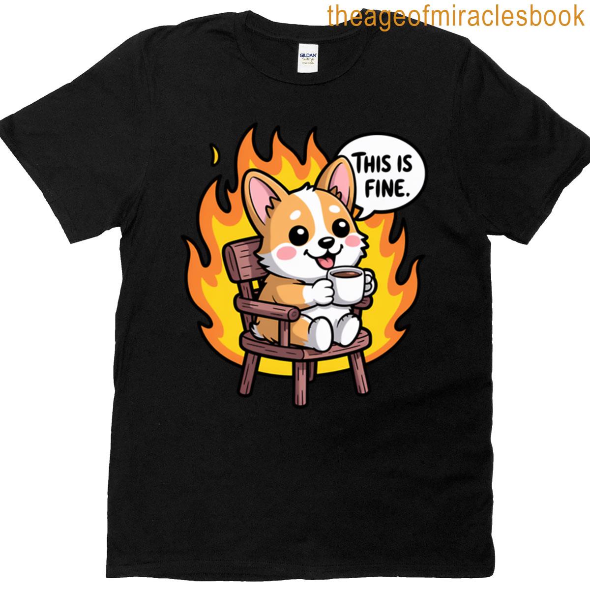 This Is Fine Funny Cartoon Corgi Meme T-shirt