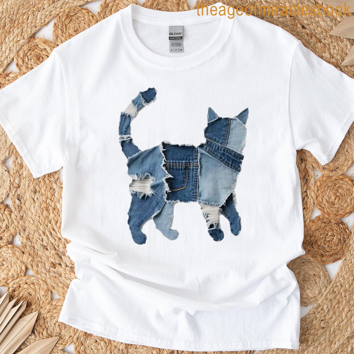 Retro Funny Denim Patch Animal Cat Print T-shirt
