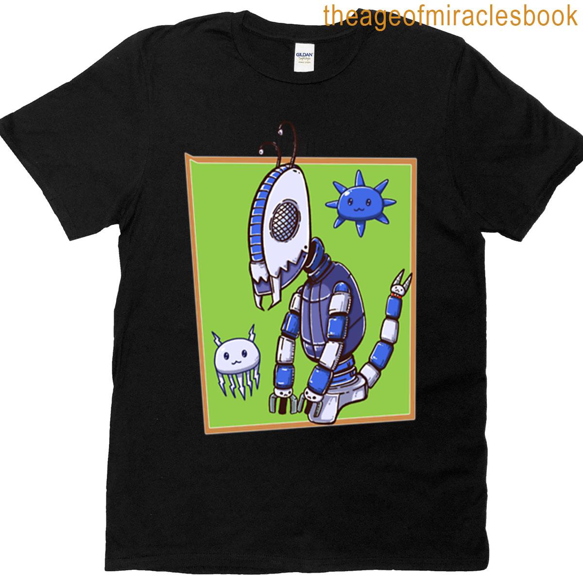 Futuristic Robot Surrounded By Floating Cute Science Fiction Characters T-shirt