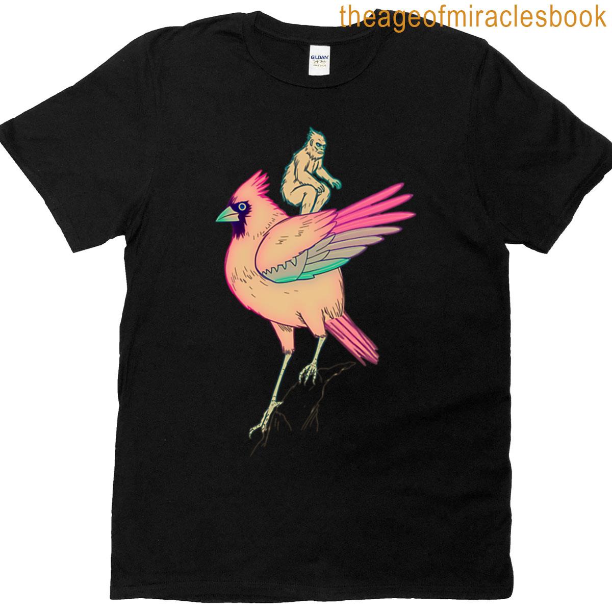 Bigfoot Riding Bird Cardinal T-shirt