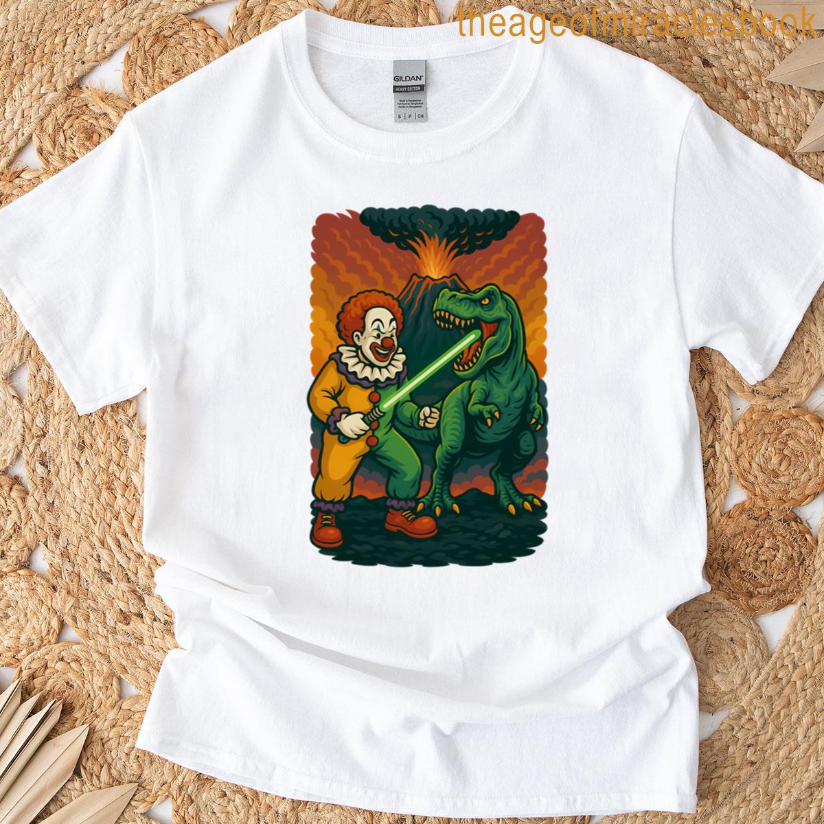 Clown With Lightsaber Vs T-rex T-shirt