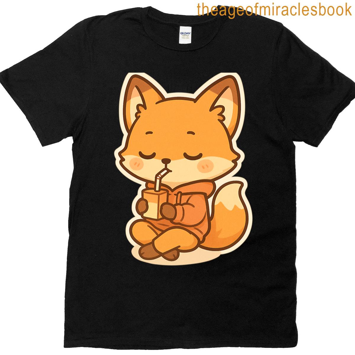 Fox Drinking Juice Box Calmly Chibi Kawaii T-shirt