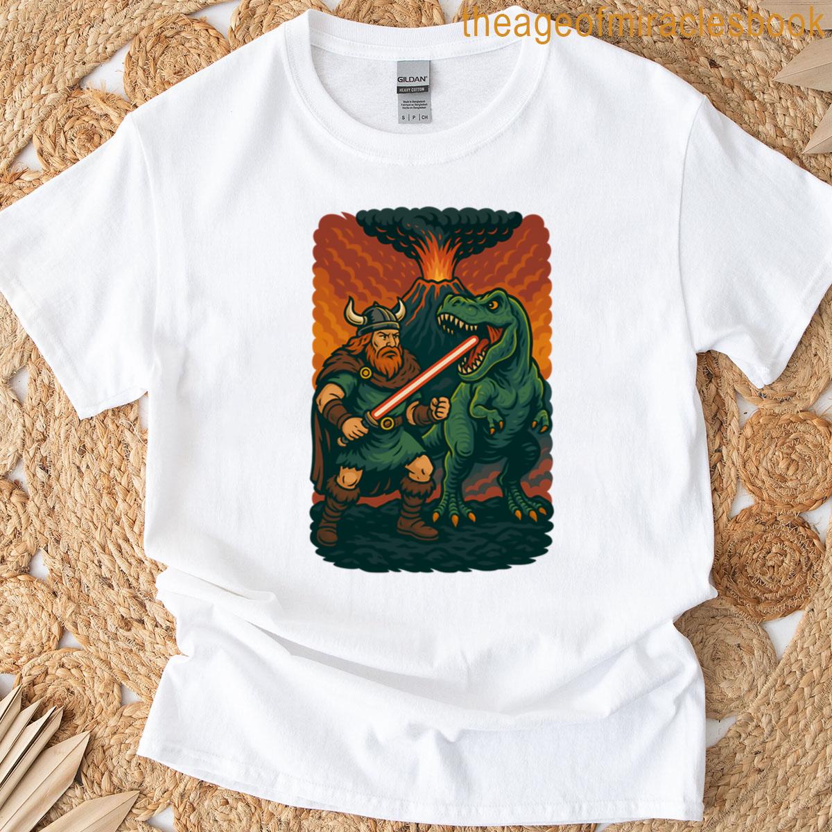 Viking Warrior With Lightsaber Vs T-rex T-shirt