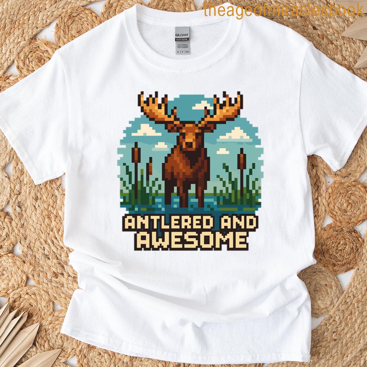 Antlered And Awesome Pixel Moose Marsh Scene T-shirt