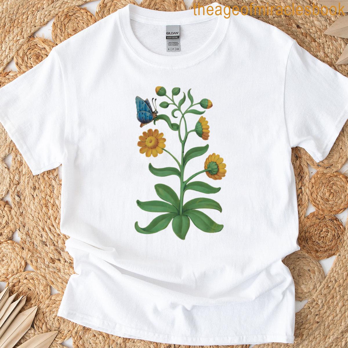 Calendula Botanical Drawing Master Claude Butterfly T-shirt