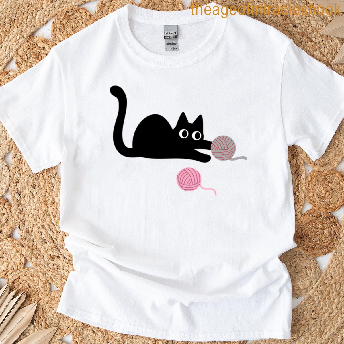Black Cat Playing With Yarn Balls T-shirt