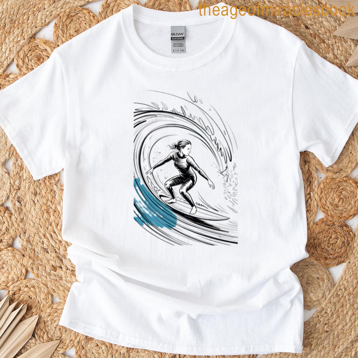 Dynamic Female Surfer Barrel Ride T-shirt