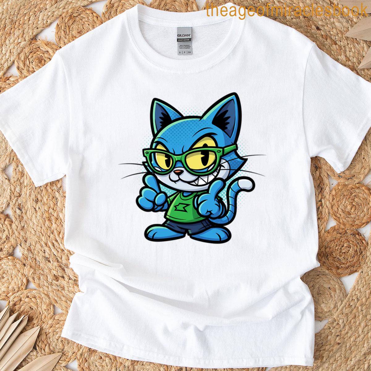 Blue Cartoon Cat With Glasses T-shirt