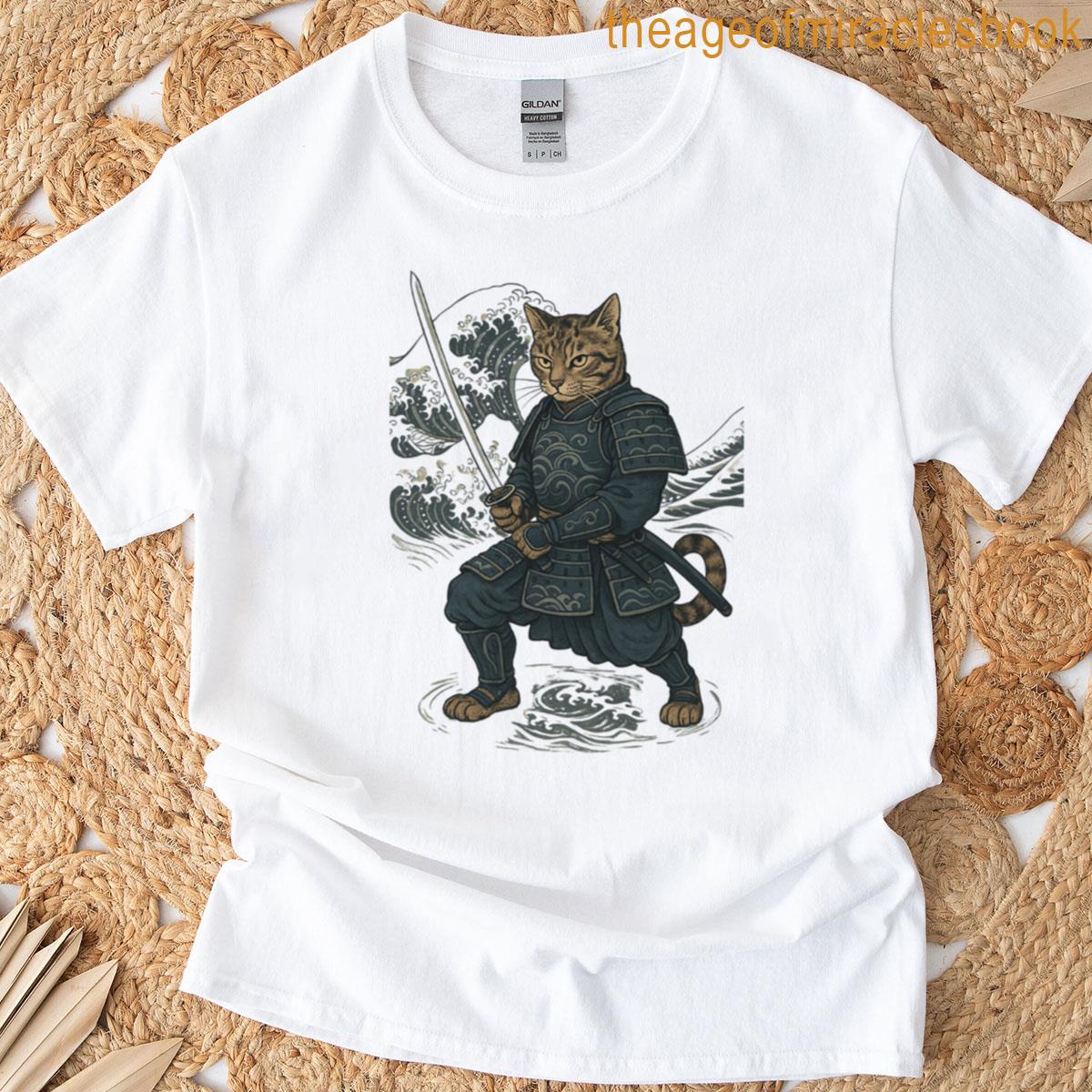 Wave-blade Samurai Cat Ukiyo-e Tabby Warrior Art T-shirt