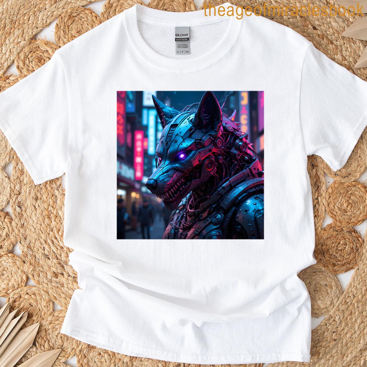 Futuristic Cyborg Wolf With Neon High-tech Robotic Art T-shirt