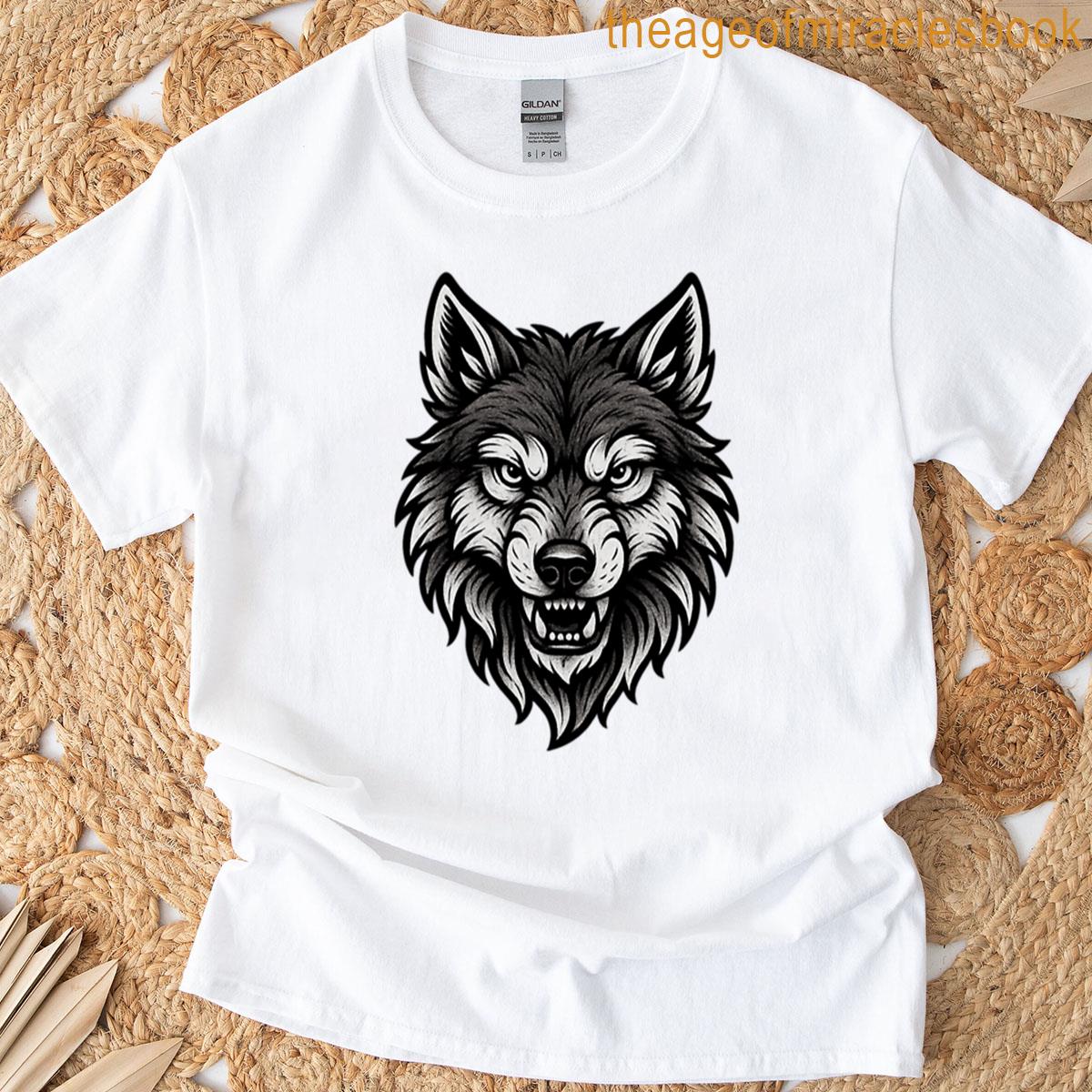 Fierce Black And White Wolf Illustration T-shirt