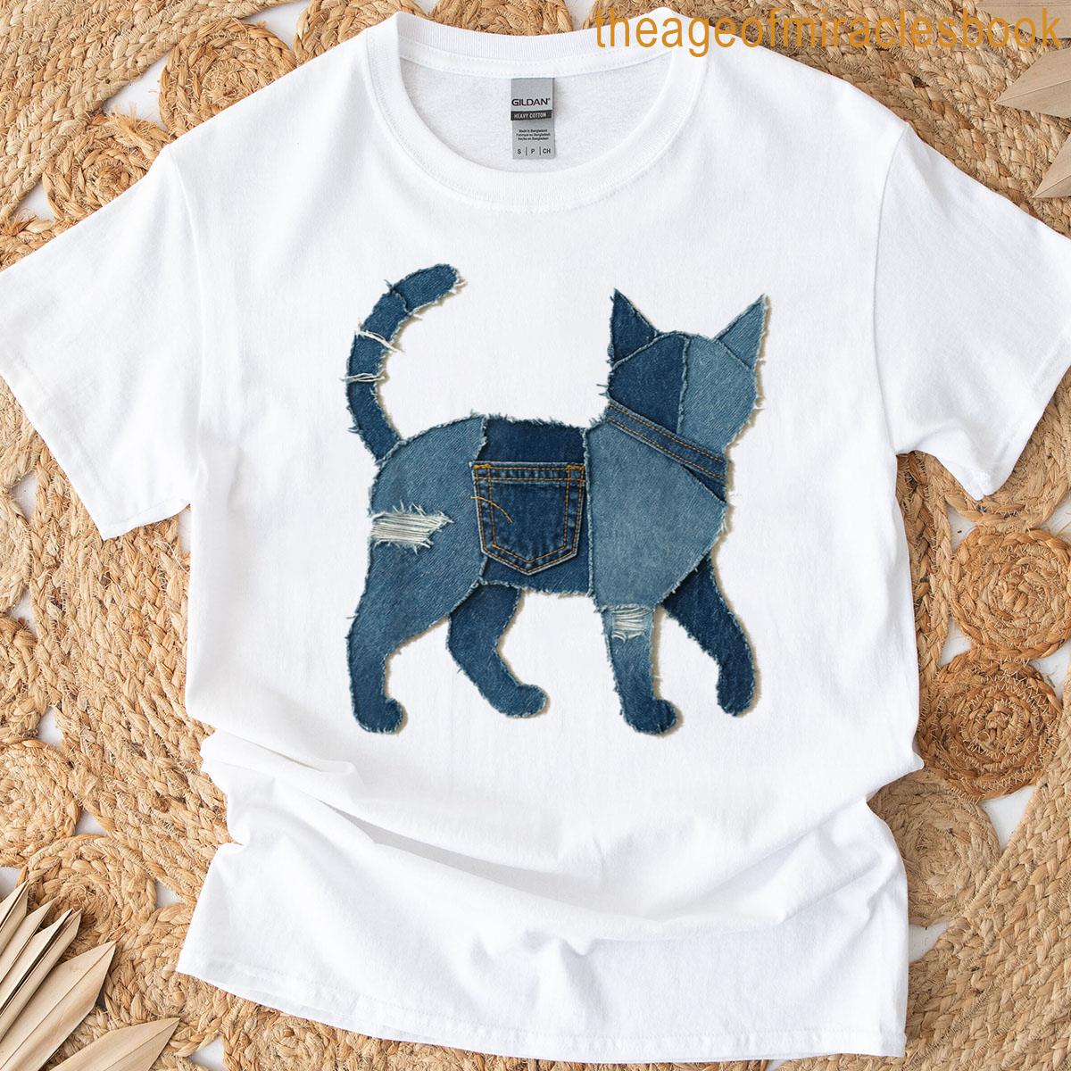 Retro Funny Cat Pattern Denim Patchwork Art Cat Lover T-shirt