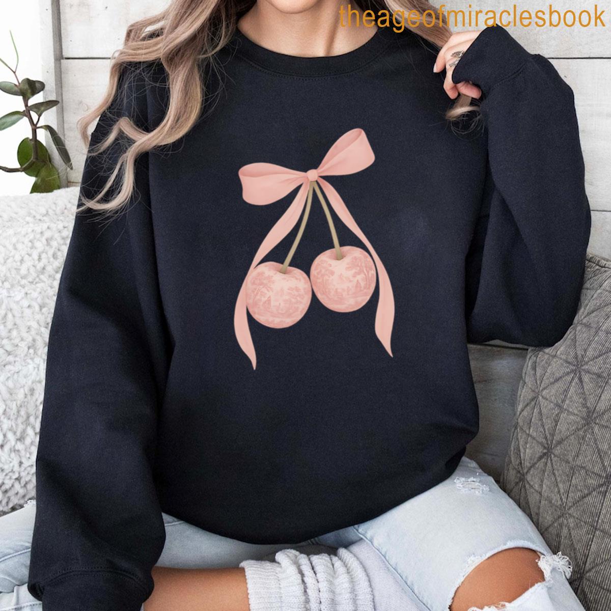 Rust-rose Cherry Graphic Tee Cottage-core Toile Bow T-shirt - Image 4