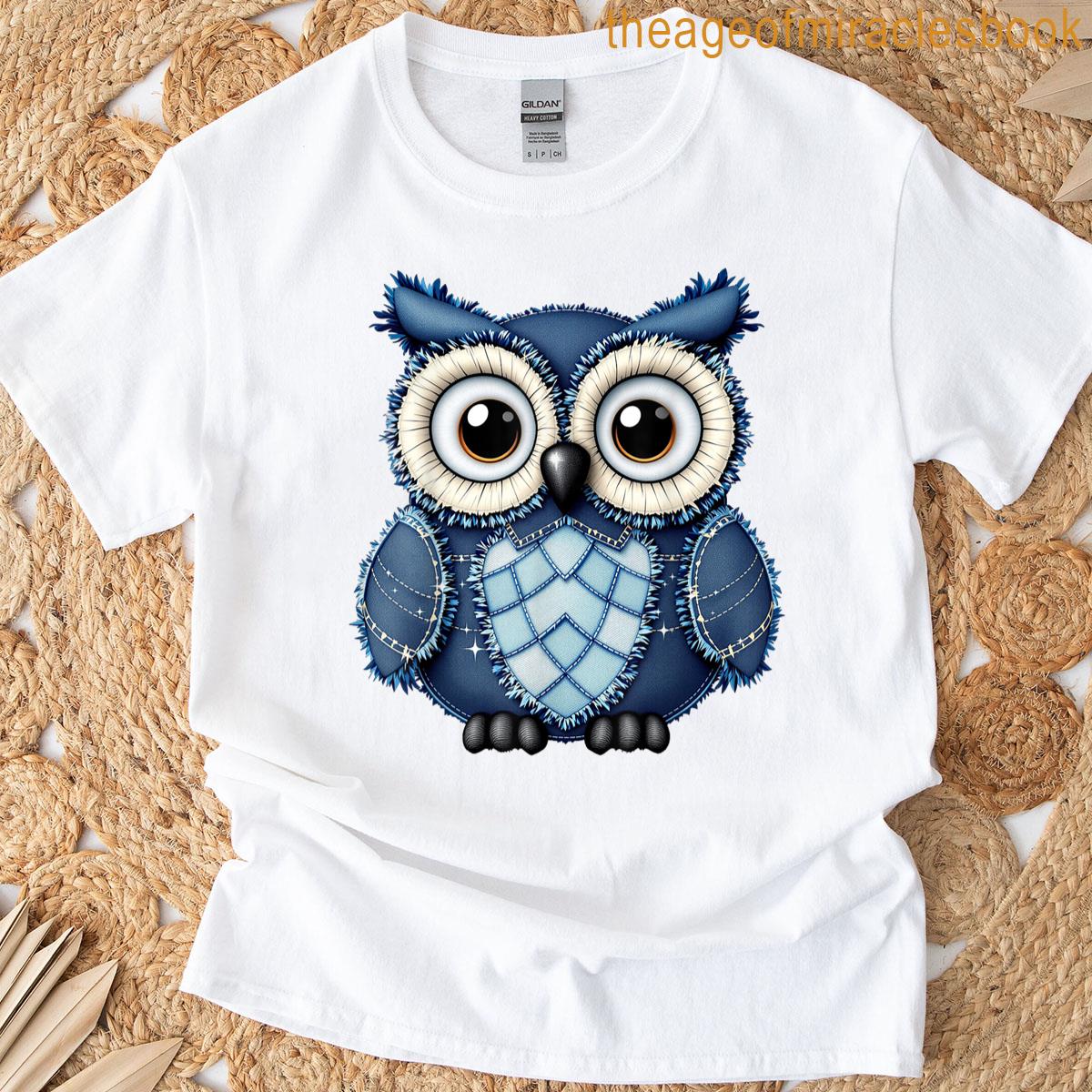 Cute Owl Men Women Owl Pattern Denim Patchwork Art T-shirt