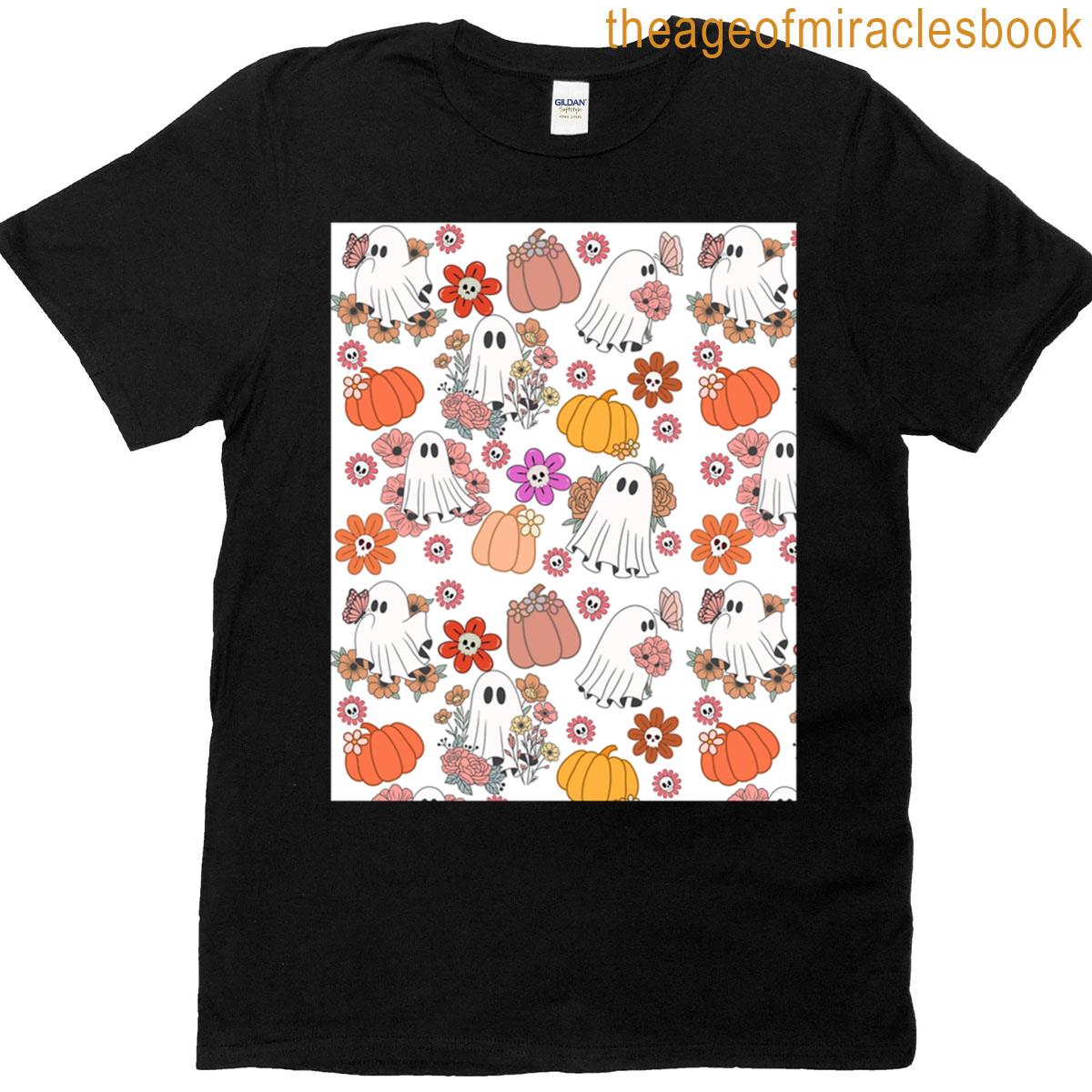 Cute Ghosts And Floral Pumpkins Spooky Cute Pattern Graphic T-shirt