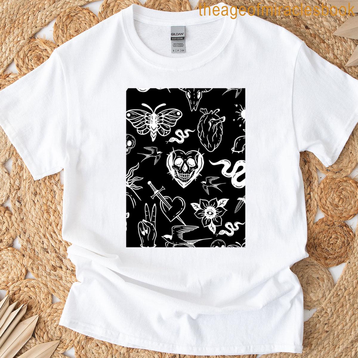 Tattoo Human Heart Snake Moth Dagger Black T-shirt