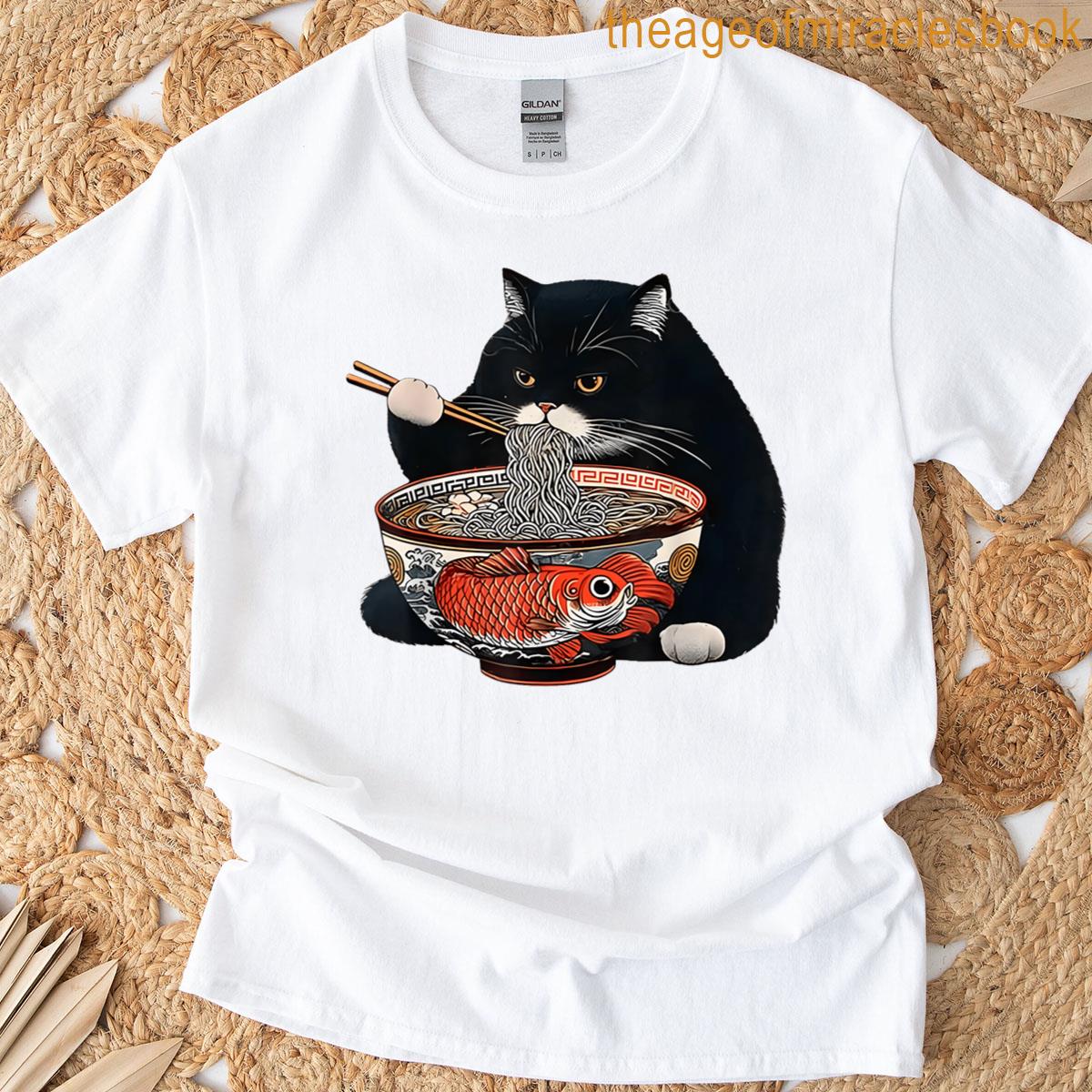 Funny Black Fat Cat Eating Ramen T-shirt