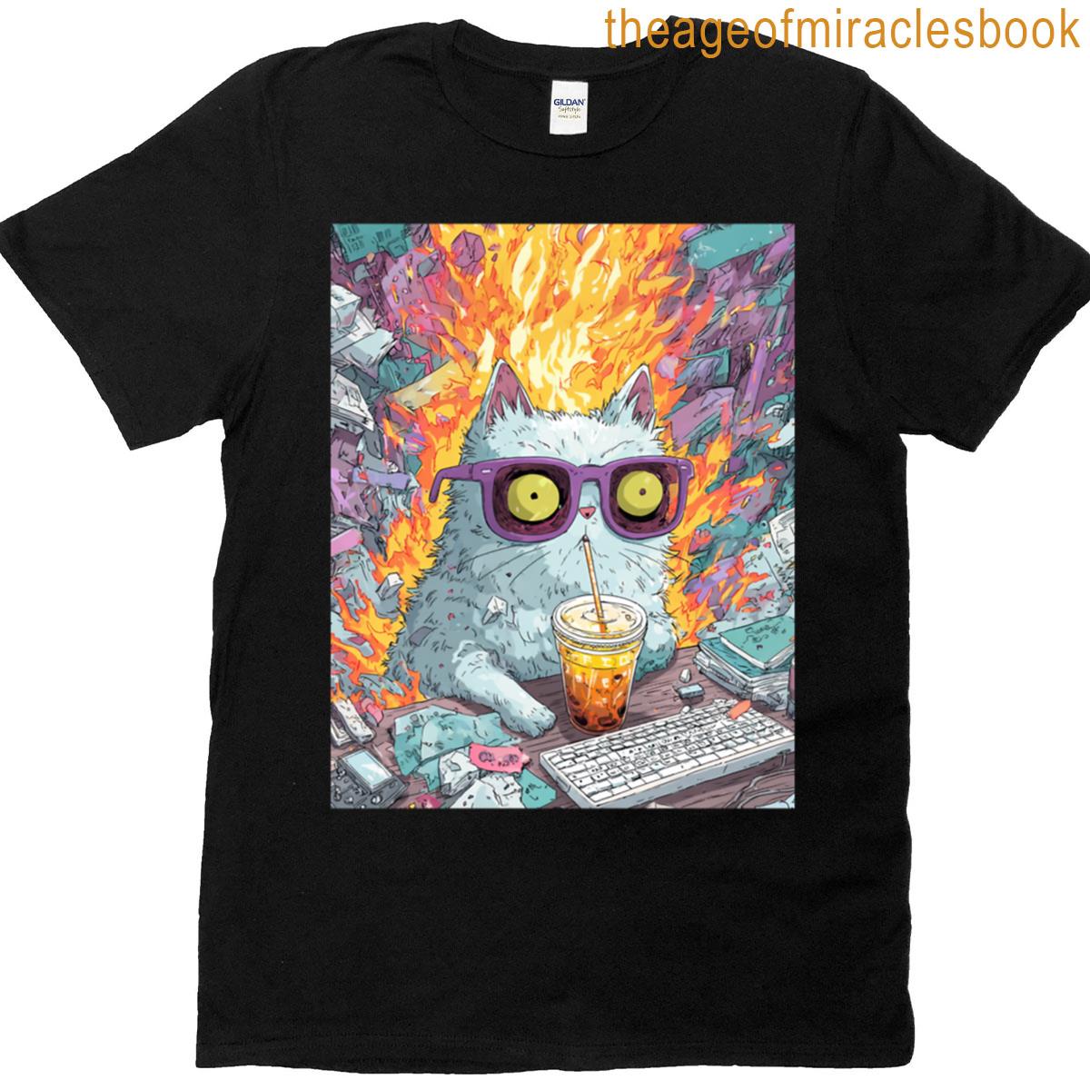 This Is Fine Cat Edition Burnout But Caffeinated T-shirt