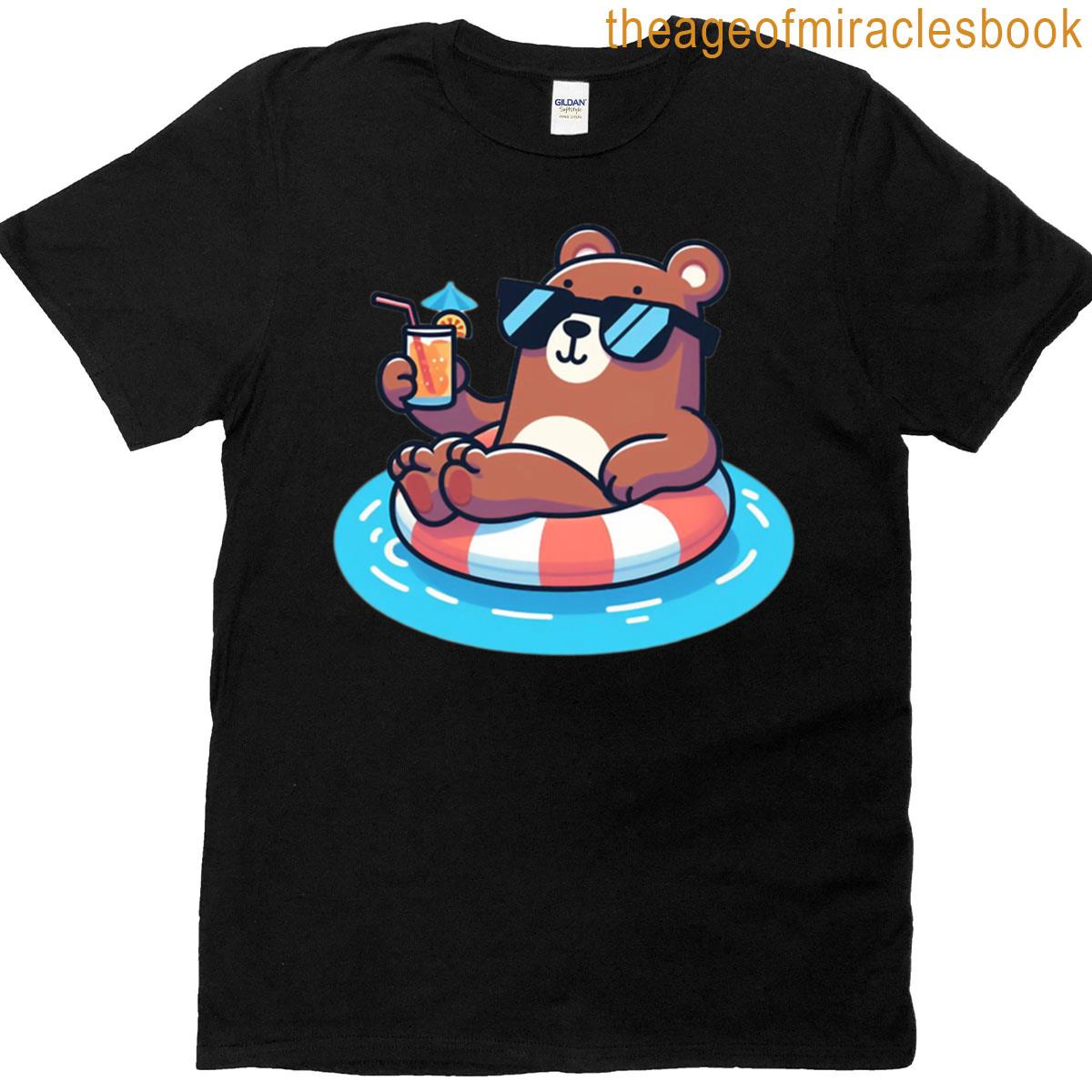Cartoon Bear Floating With Drink Poolside Chill Vibes T-shirt