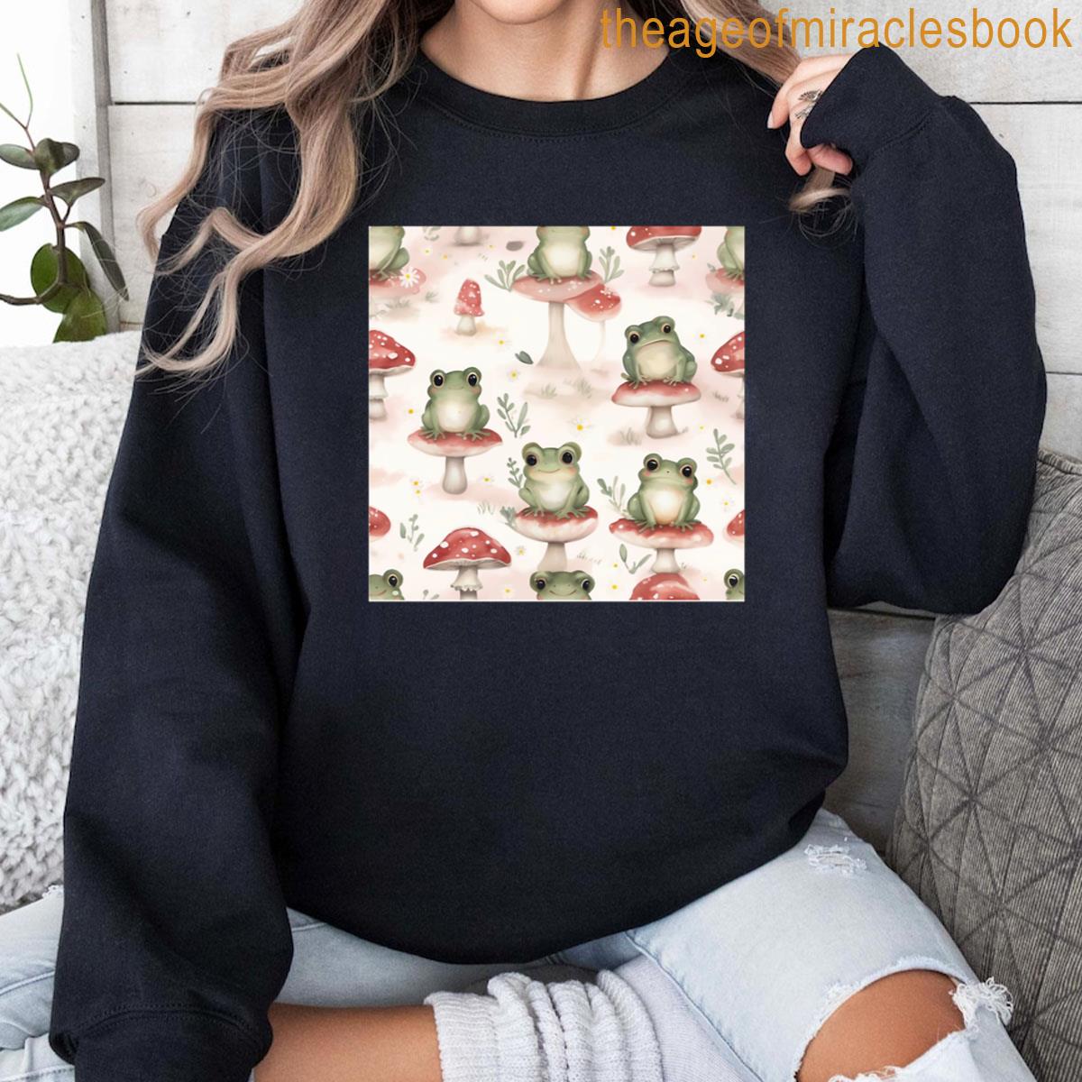 Cottagecore Frog On Mushroom Pattern T-shirt - Image 4