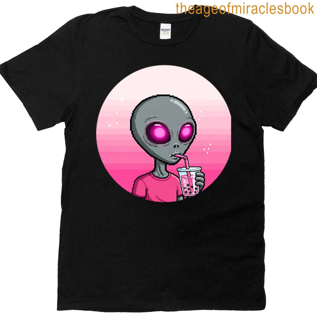 Alien Drinking Boba Tea Pixel Art T-shirt