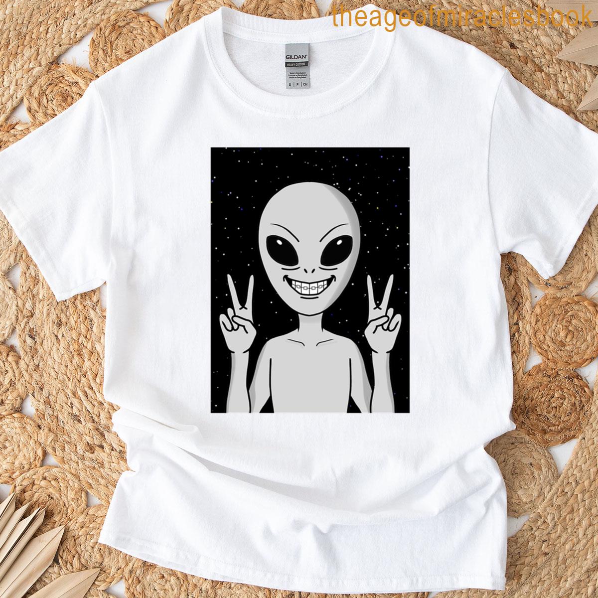 Smiling Alien With Braces Throwing A Peace Sign T-shirt