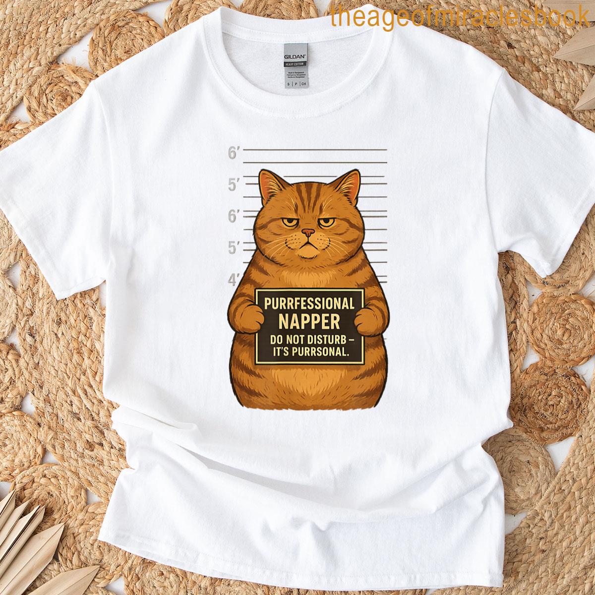 Fat Tabby Cat Mugshot Funny Napping Arrest Design T-shirt