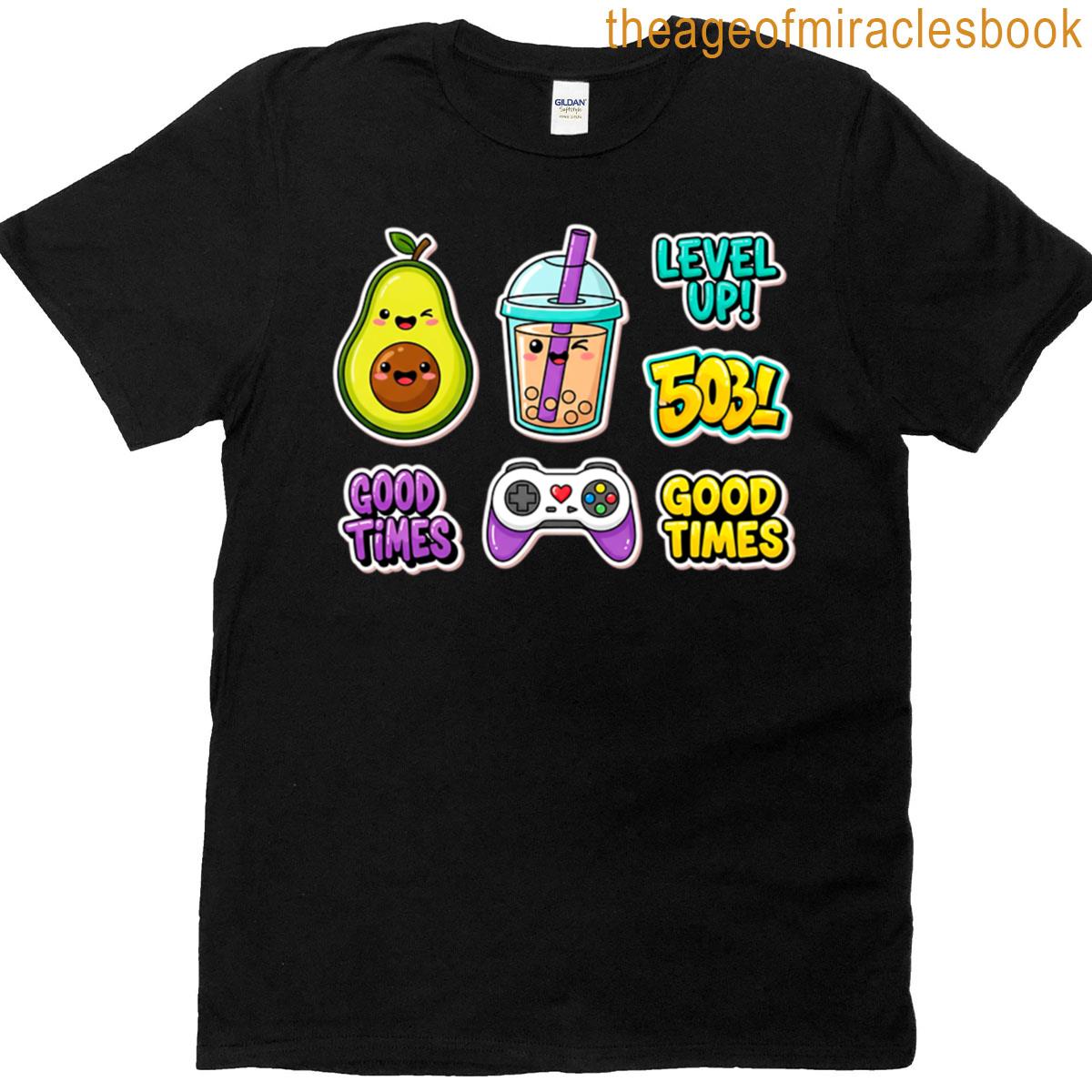 Kawaii Sticker Collection With Avocado Bubble Tea And Game Controller T-shirt