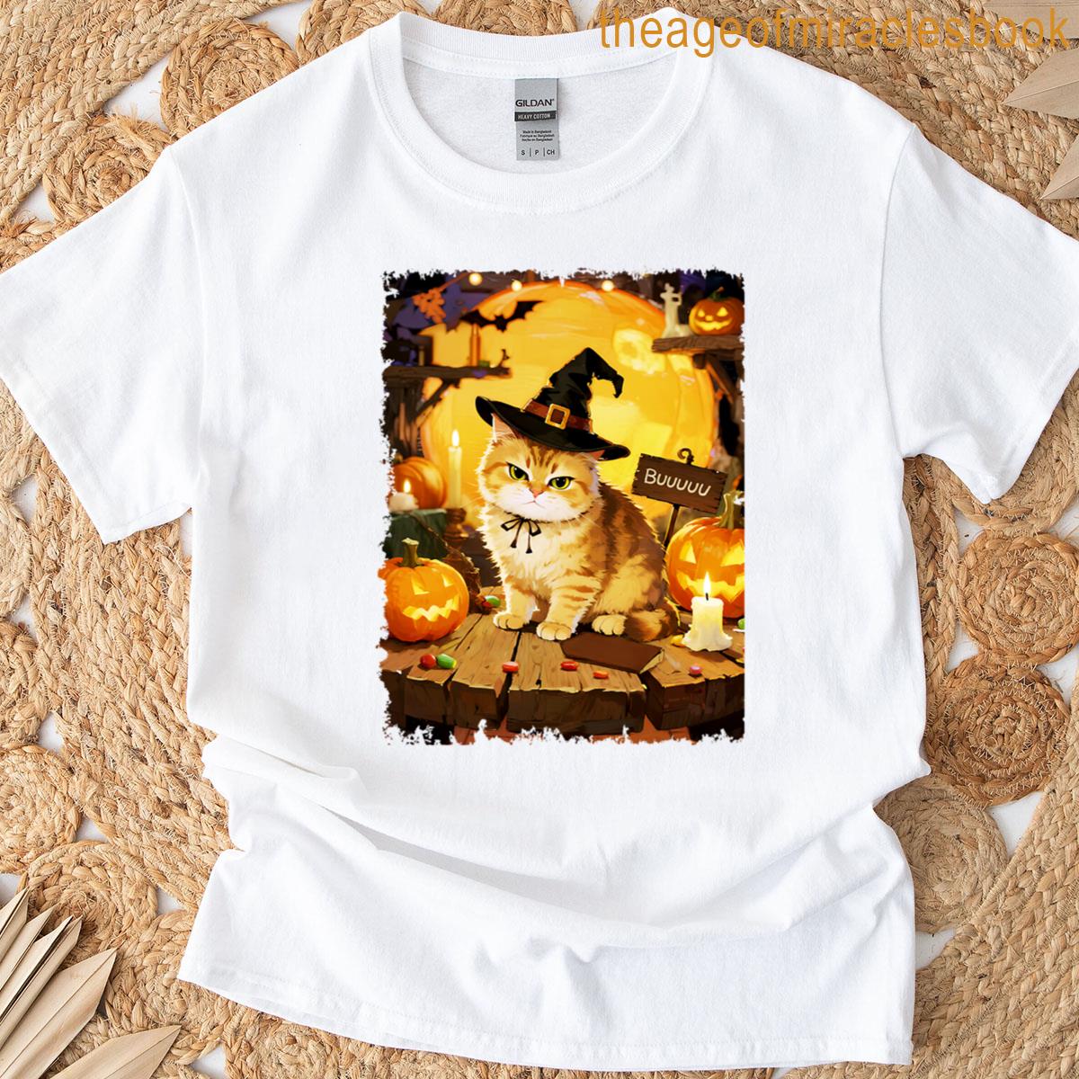Grumpy Halloween Cat In Witch Hat T-shirt