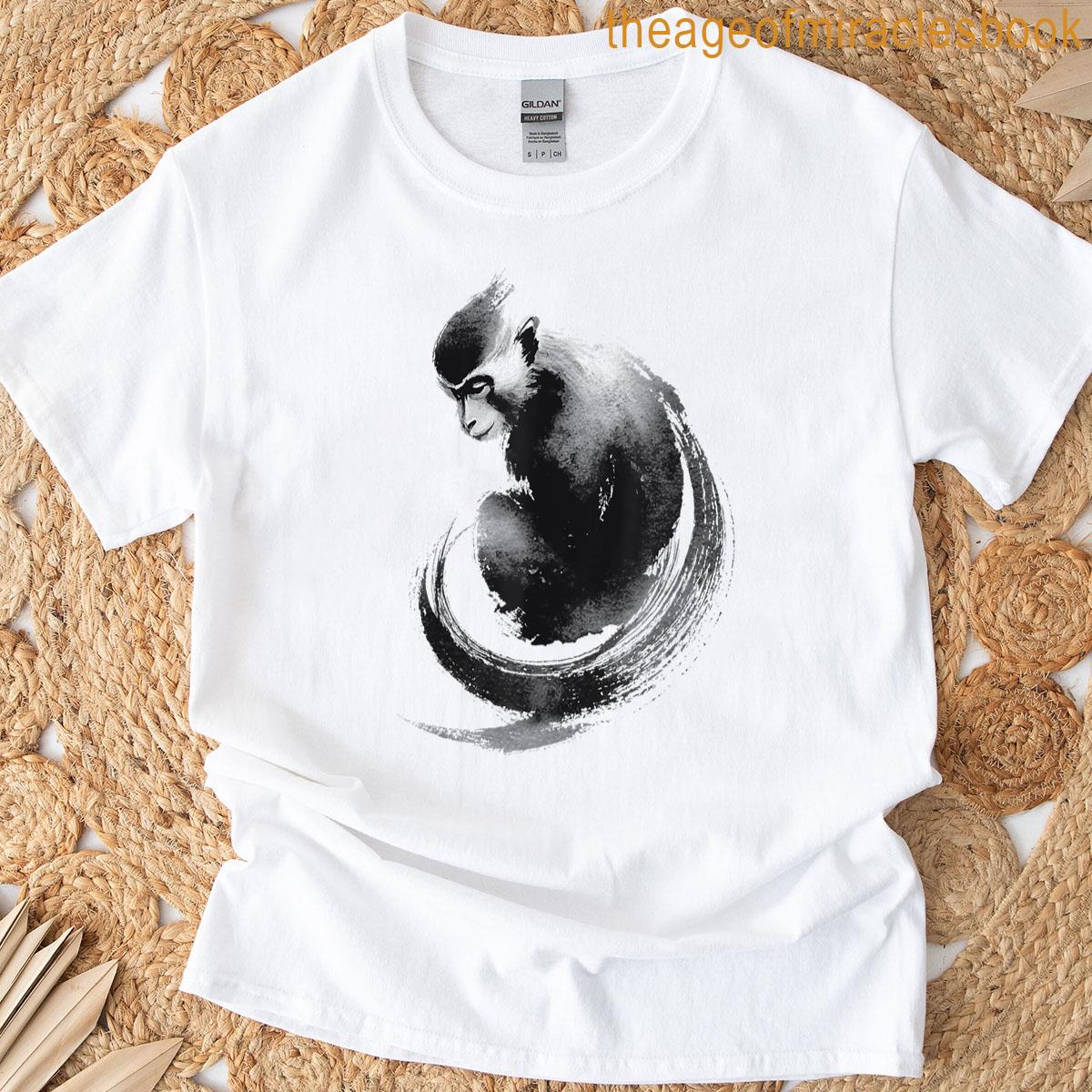 Monkey Sumi-e Art Calligraphy Brush Ink Minimalist Design T-shirt