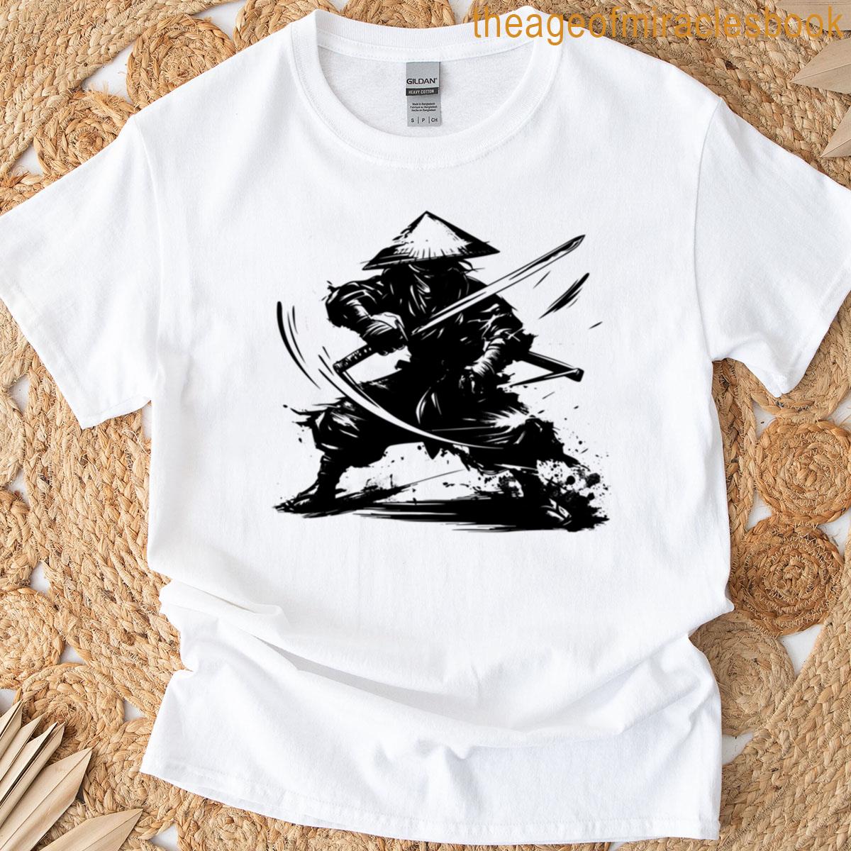 Samurai Ninja Warrior Dynamic Black And White Katana Art T-shirt