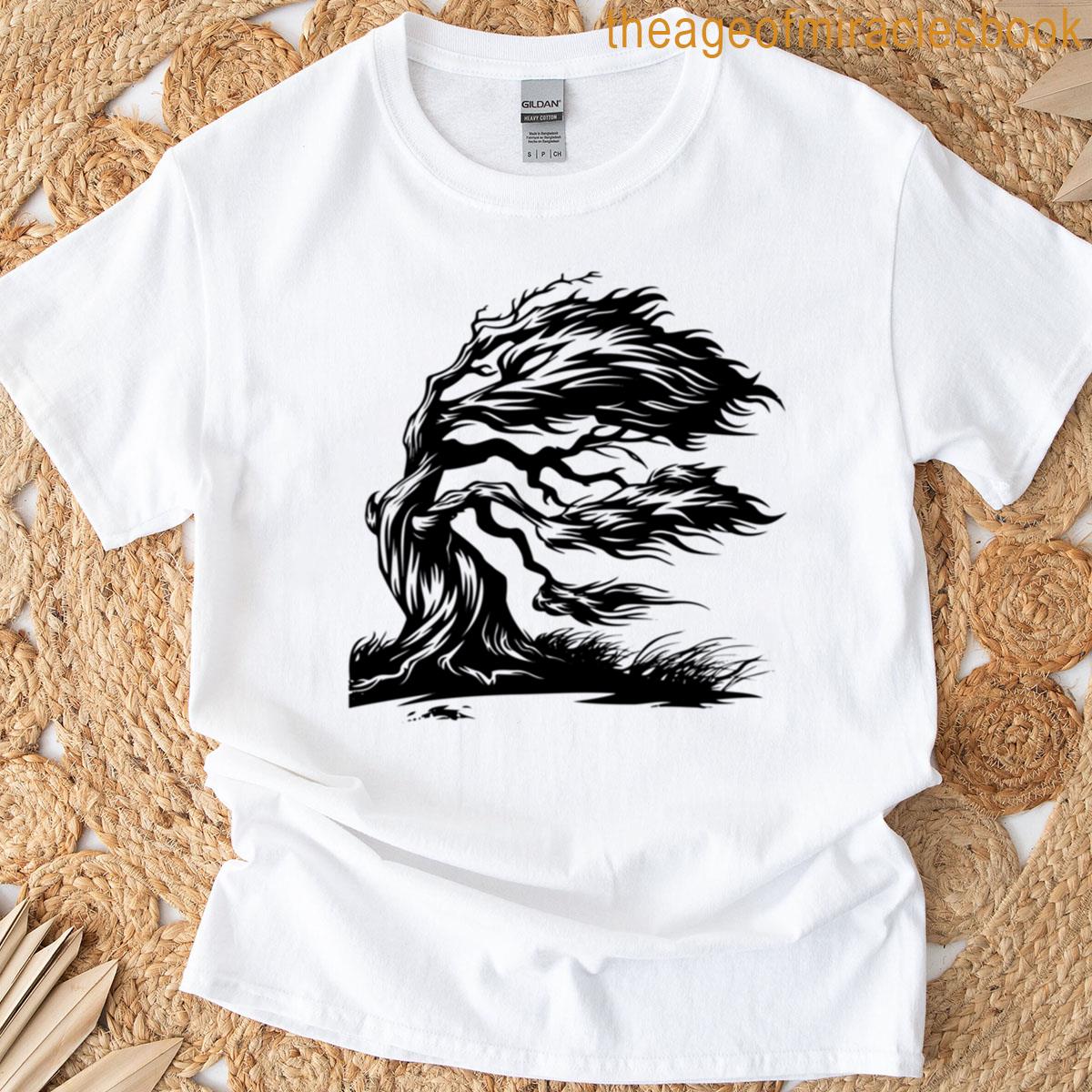 Twisted Windblown Tree Black And White Gothic Nature Art T-shirt