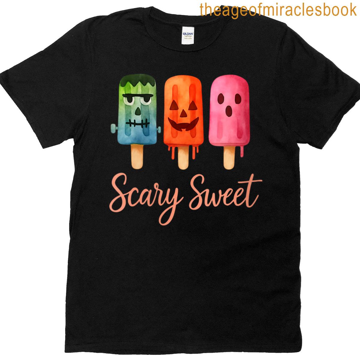 Womens Scary Sweet Summerween Monster Pumpkin Ghost Popsicles T-shirt
