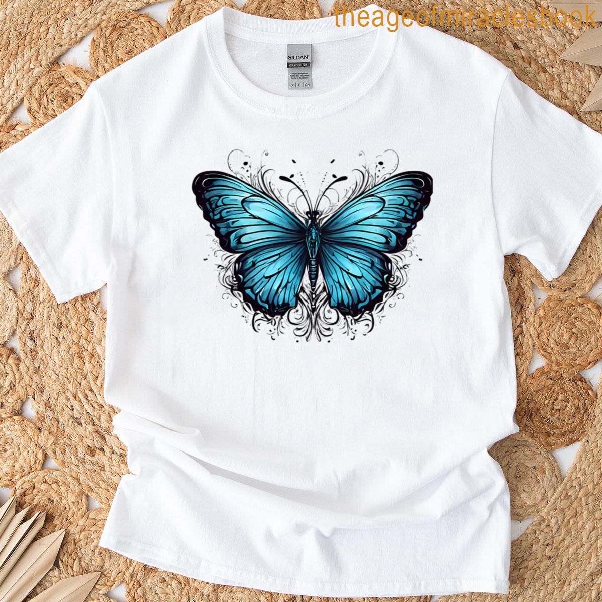 Blue Monarch Elegant Butterfly Ink Design T-shirt